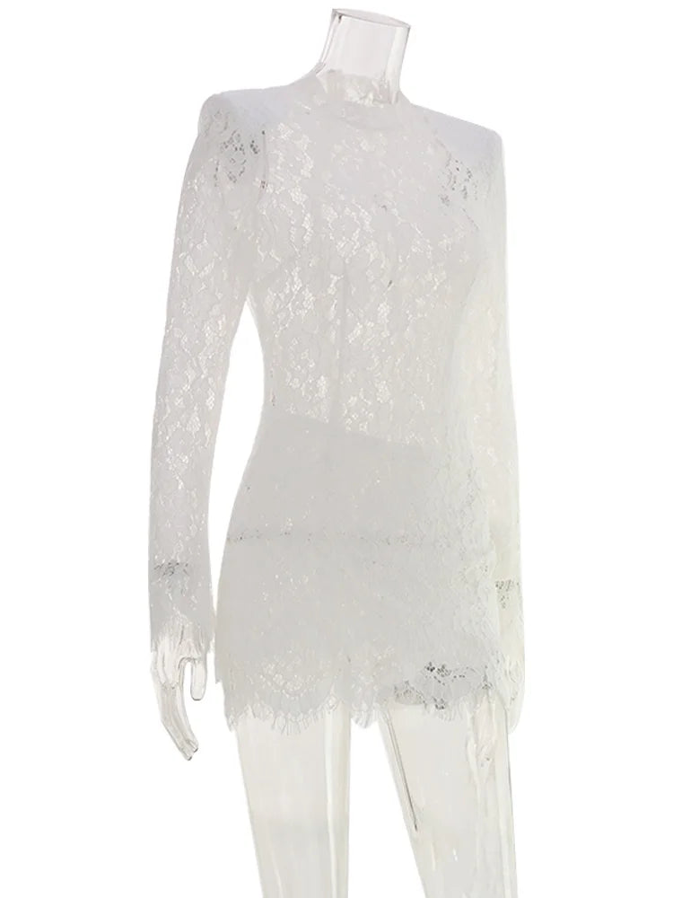 Ahagaga Fashion Lace Mini Dresses Elegant High Neck Solid Slim Long Sleeve Bodycon Party Clubwear Streetwear Woman Vestidos Robe
