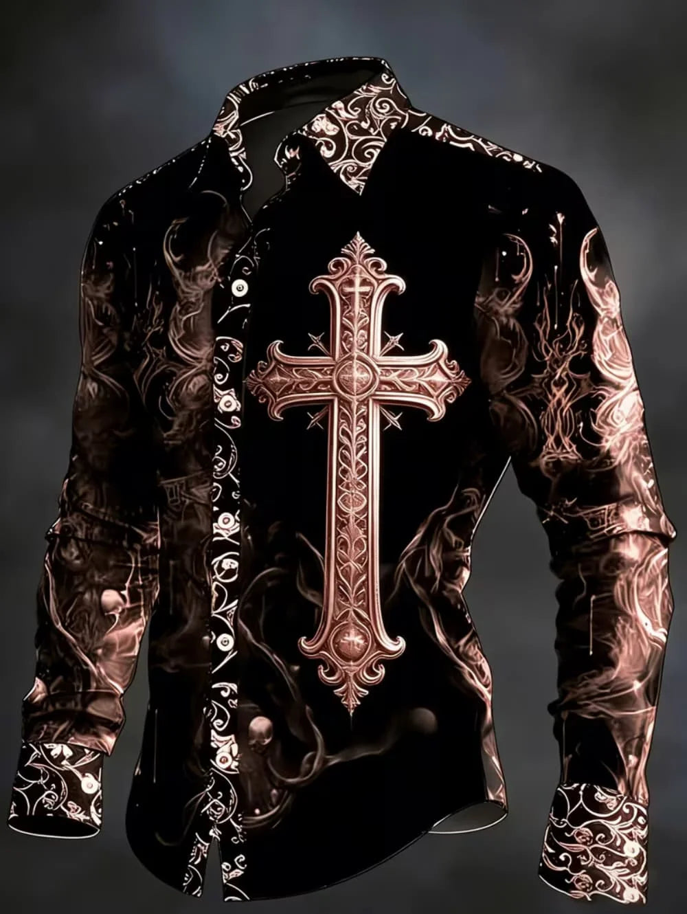 Gothic Skull Cross Shirt Men Long Sleeve Red Plaid 3D Print