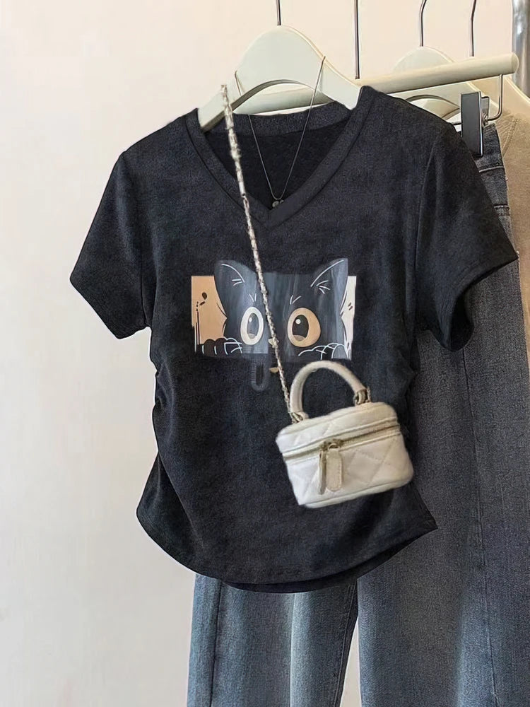 100% Cotton Washed Vintage Cat Print Short sleeve T shirt Women V neck Oversize Shirring Summer Top Lady Casual Tees