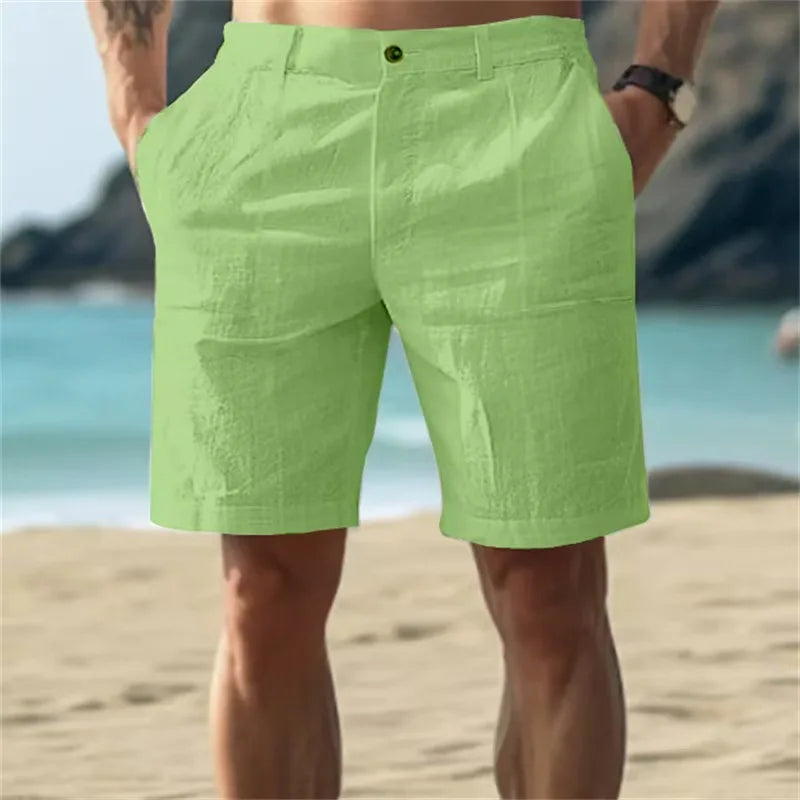 2025 Men's Solid Color Casual Short Pants Linen Beach Breathable Comfortable Straight Short Trousers Hawaiian Holiday Men's Pants