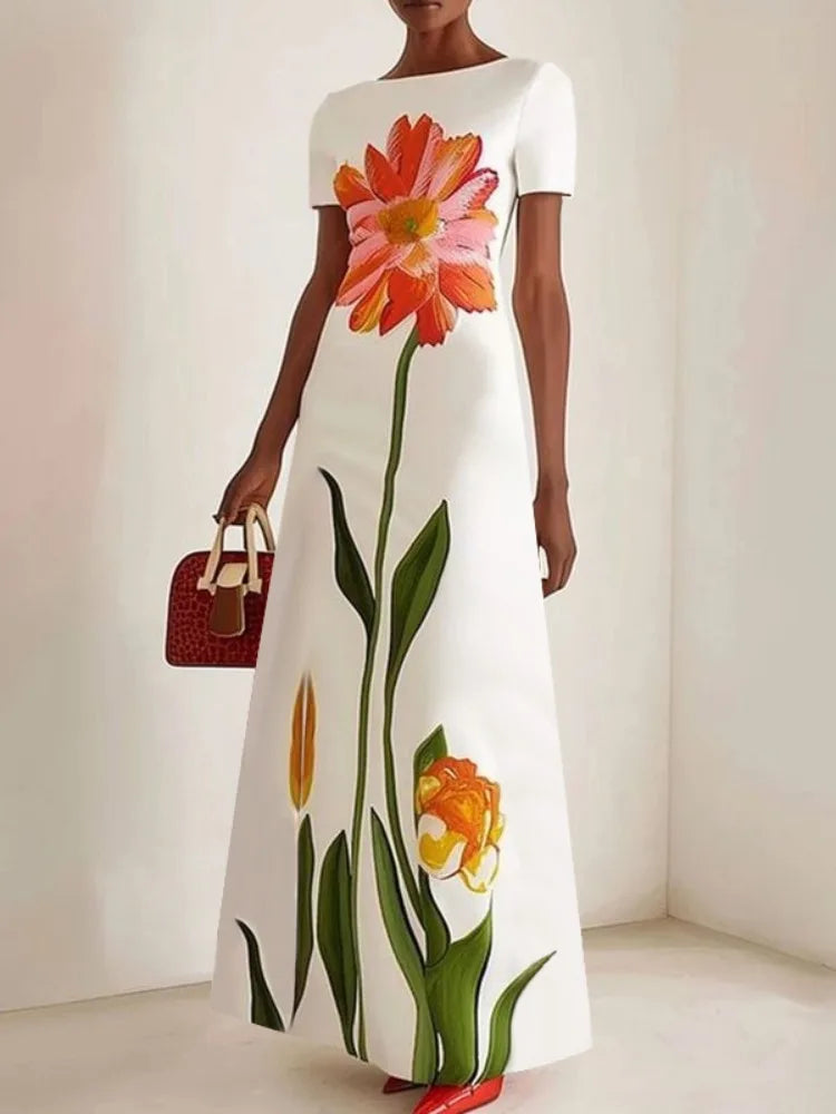 Gymystars 2026 Summer Latest Women's Fashion Flower Printed Dress Round Neck Trend Loose Elegant Party Evening Beach Dresses