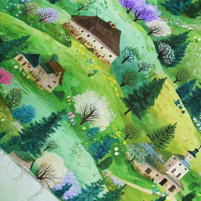 GREEN HANDPAINTED ARCHITECTURE COTTON FABRIC - 100% Cotton, Woven Brocade - Creative Rooms