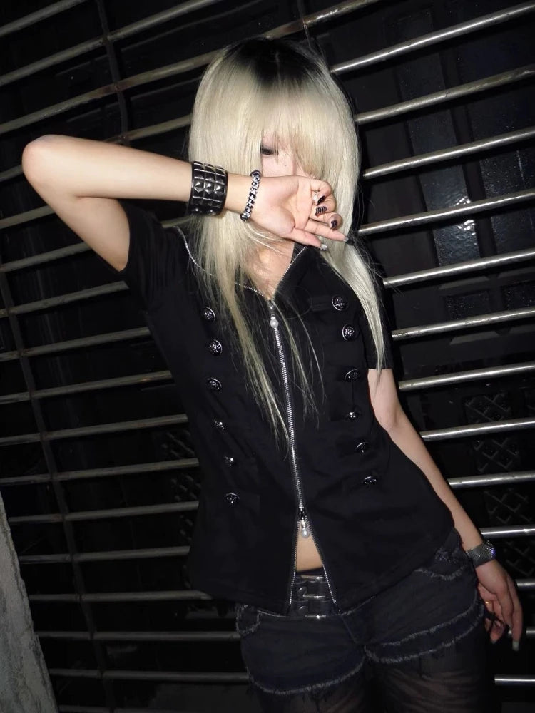 Subculture Summer Gothic Slim Stripe Short Sleeve Hooded T-Shirts Women's Spicy Girls Y2k Casual Black Vintage Zipper T-Shirts
