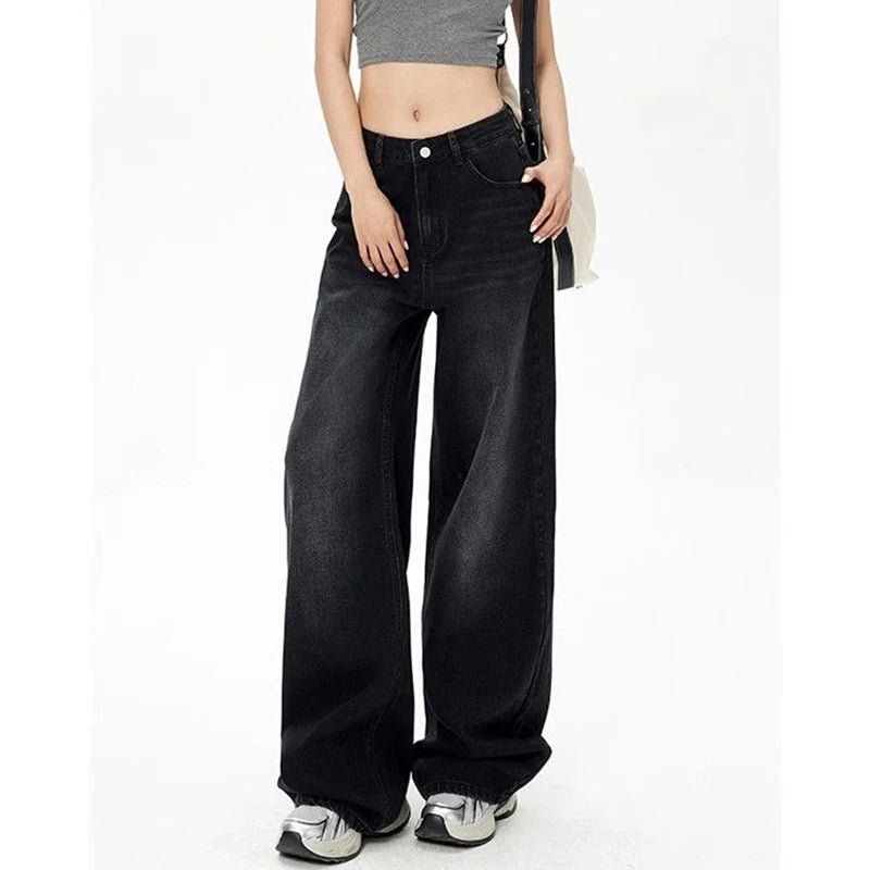 Retro High Waist Straight Leg Jeans - Washed Black Loose Fit