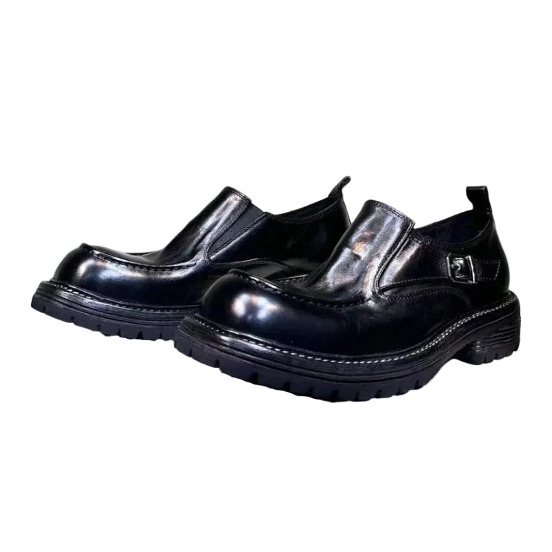 Men's Glazed Leather Monk Strap Loafers - Square Toe Slip-On Dress Shoes