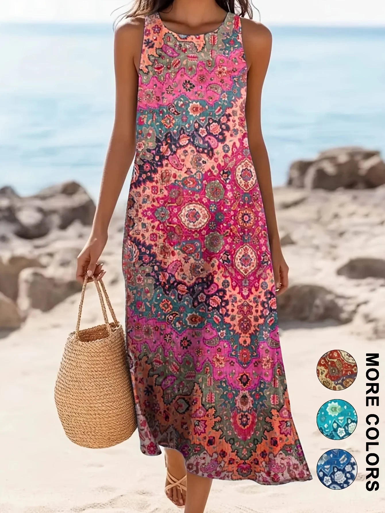 2026 Women's Sleeveless Bohemian Floral Casual Beach Midi Sundress with Pockets Flowing and Loose Sweetheart Rustic Country