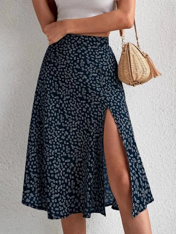 Spring and summer new women's versatile floral zipper split A-line skirt