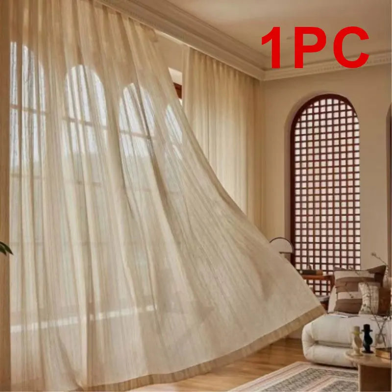 STRIPED SHEER CURTAINS - Soft Linen-Look Gauze Panel - Light & Airy