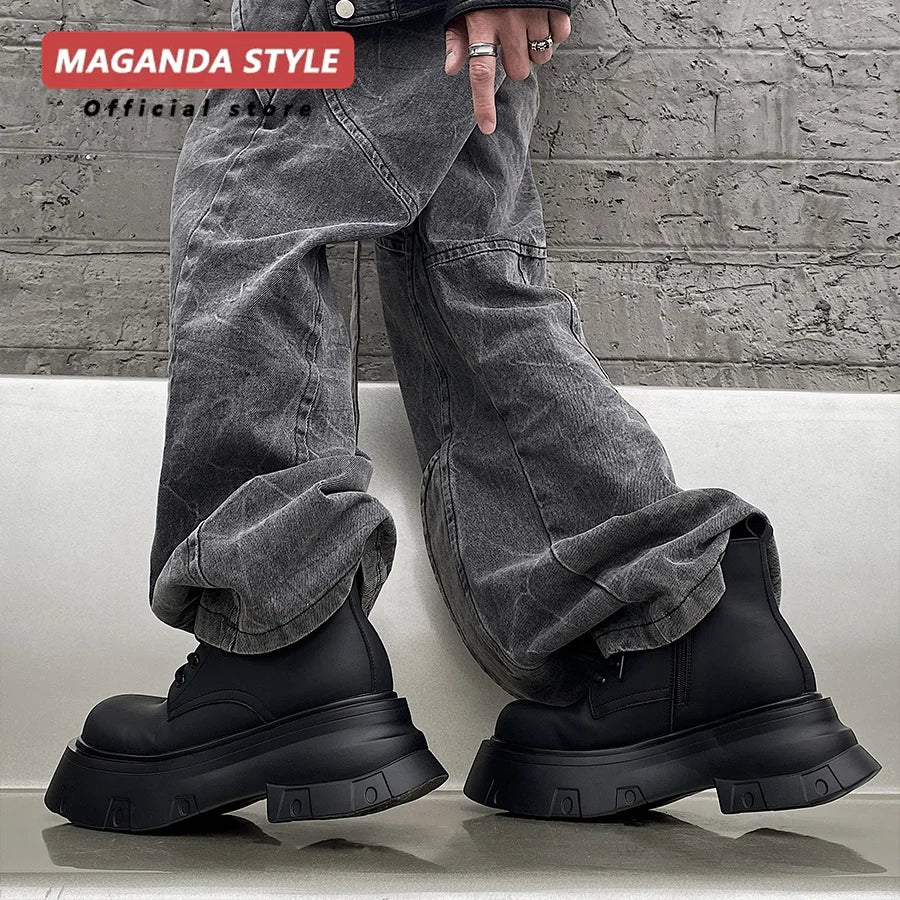 Men's Height Increasing Ankle Boots - +7cm Lace-Up Matte Thick Sole Work Style