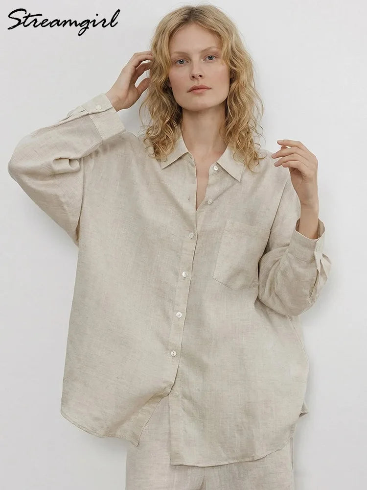 Streamgirl Summer White Linen Shirts For Women Oversized Long Sleeve Tops Lady Loose Basic Linen Tops Women Blue Shirts Oversize