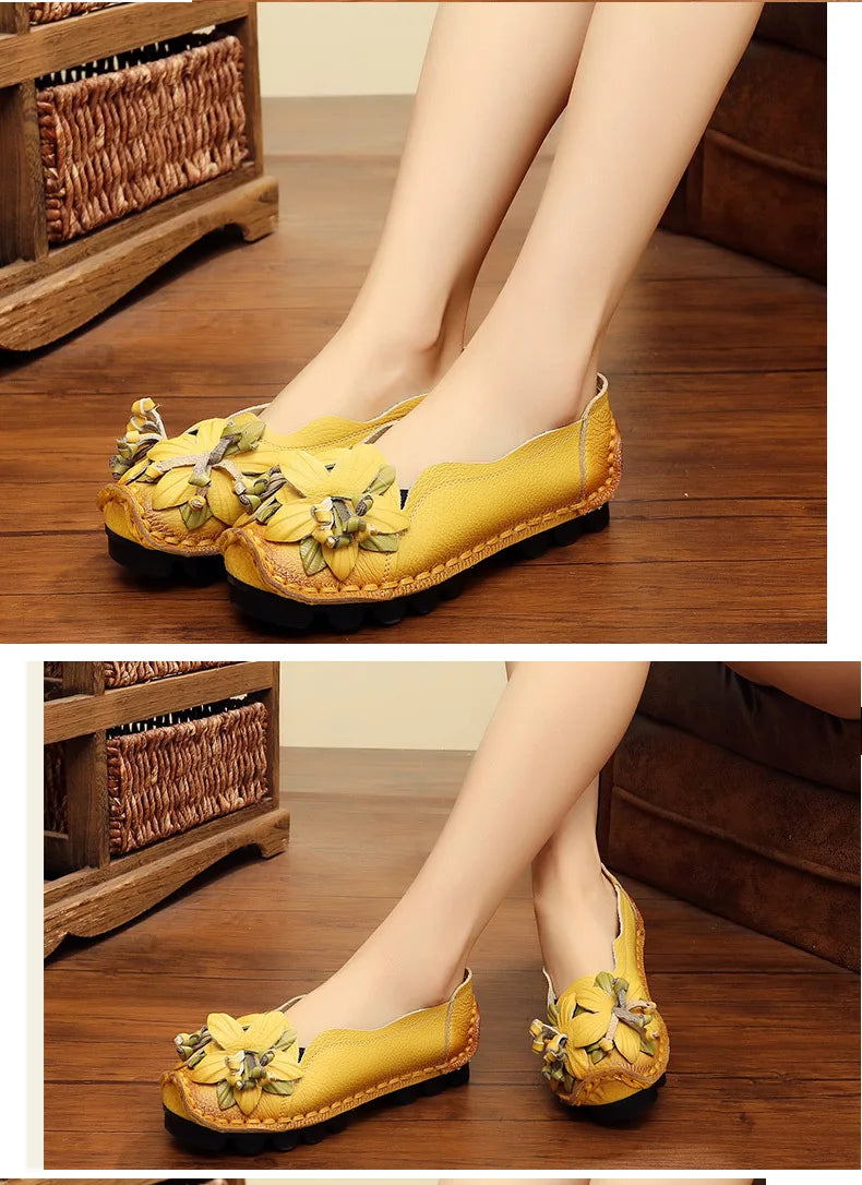 WOIZGIC Women Female Mother Ladies Genuine Leather Shoes Flats Loafers Non Slip On Flowers Retro Moccasins Plus Size 41 42