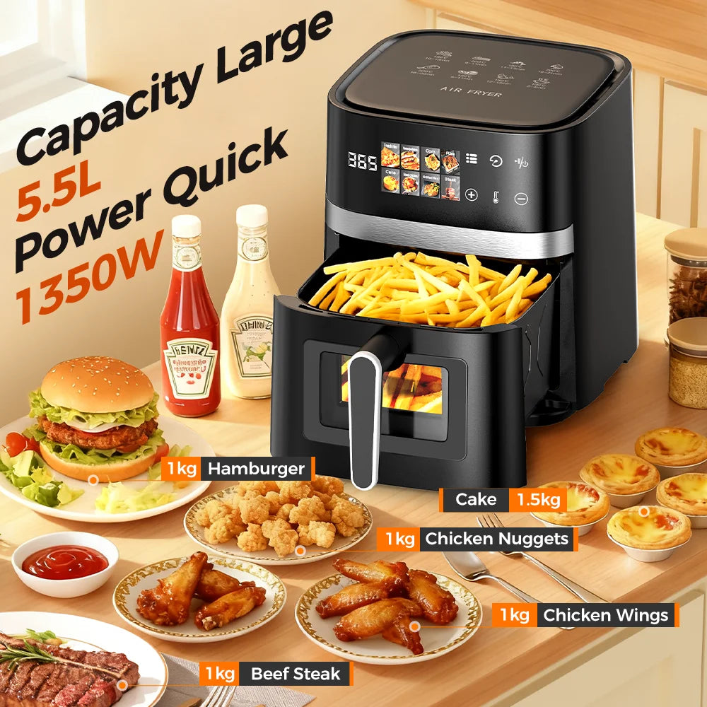 5.5L Air Fryer 1350W Oil-Free Viewing Window 8 Presets