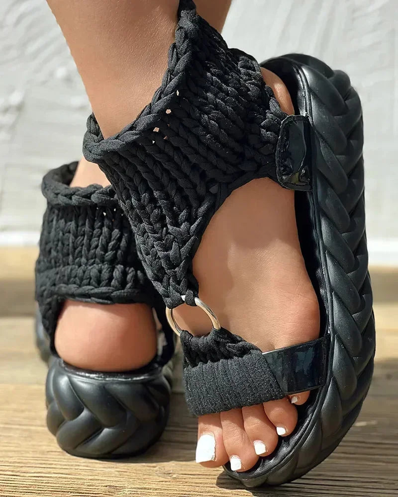 Hot Seller Gold Knitted Sandals for Women Braided Elastic Summer Shoe Mesh Flat Bottom Hollow Out Female Sandals Sandalias Mujer