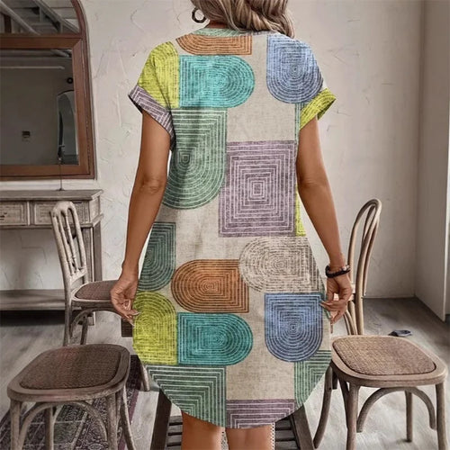 2025 European and American Women's Apparel Foreign Trade Amazon Summer Geometric Print Elegant V-Neck Button-Up Dress