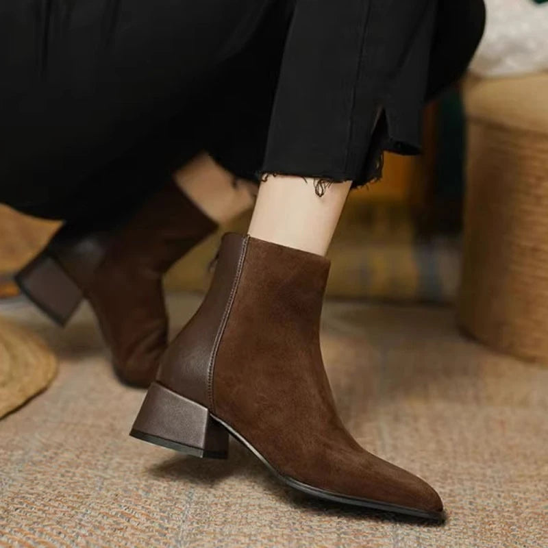 Faux Suede Boots – Round Toe Low Heel Back Zip Flannel Lined
