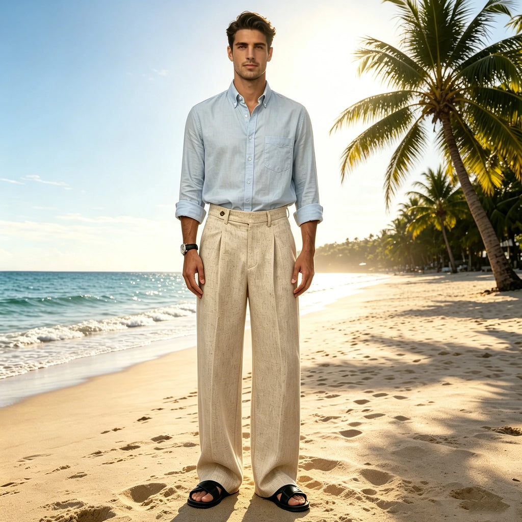 Men's Linen Wide Leg Pants High Waist Casual Loose Fit Straight Leg Suit Trousers Holiday Beach Daily Office Wear