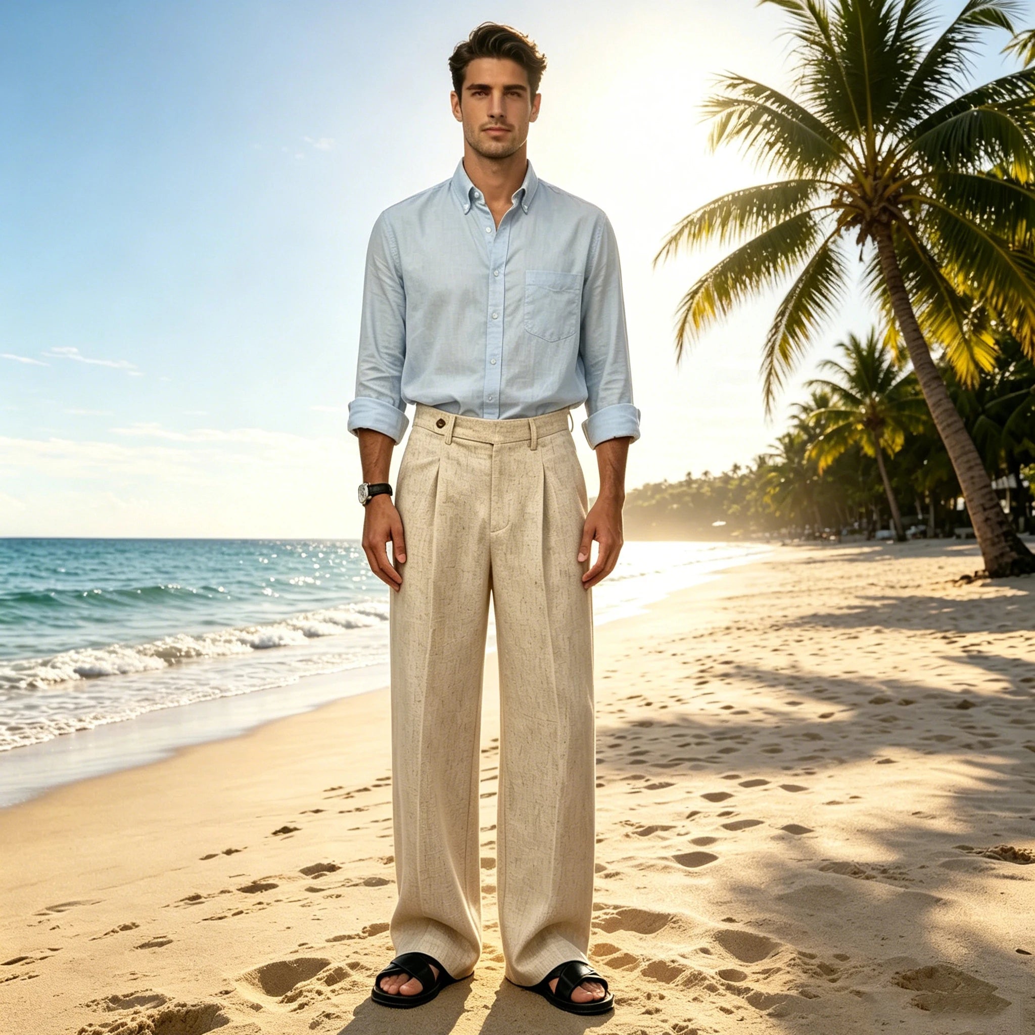 Men's Linen Wide Leg Pants High Waist Casual Loose Fit Straight Leg Suit Trousers Holiday Beach Daily Office Wear