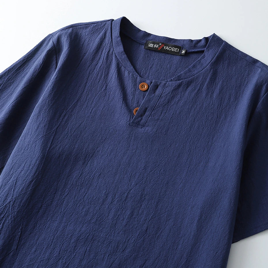 LINEN COTTON HENLEY TEE - Solid Colors, Big & Tall Sizes - Easy Summer
