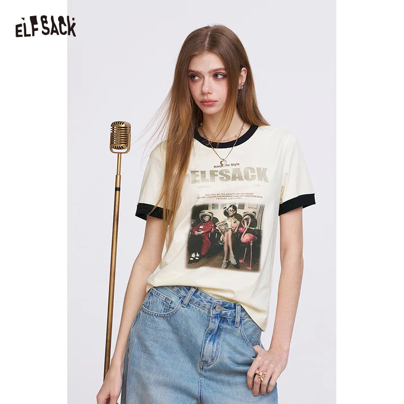 ELFSACK Women's Vintage Ringer T-Shirt with Photo Graphic Print, Retro Contrast Tee for Summer, Chic Aesthetic Short Sleeve Top
