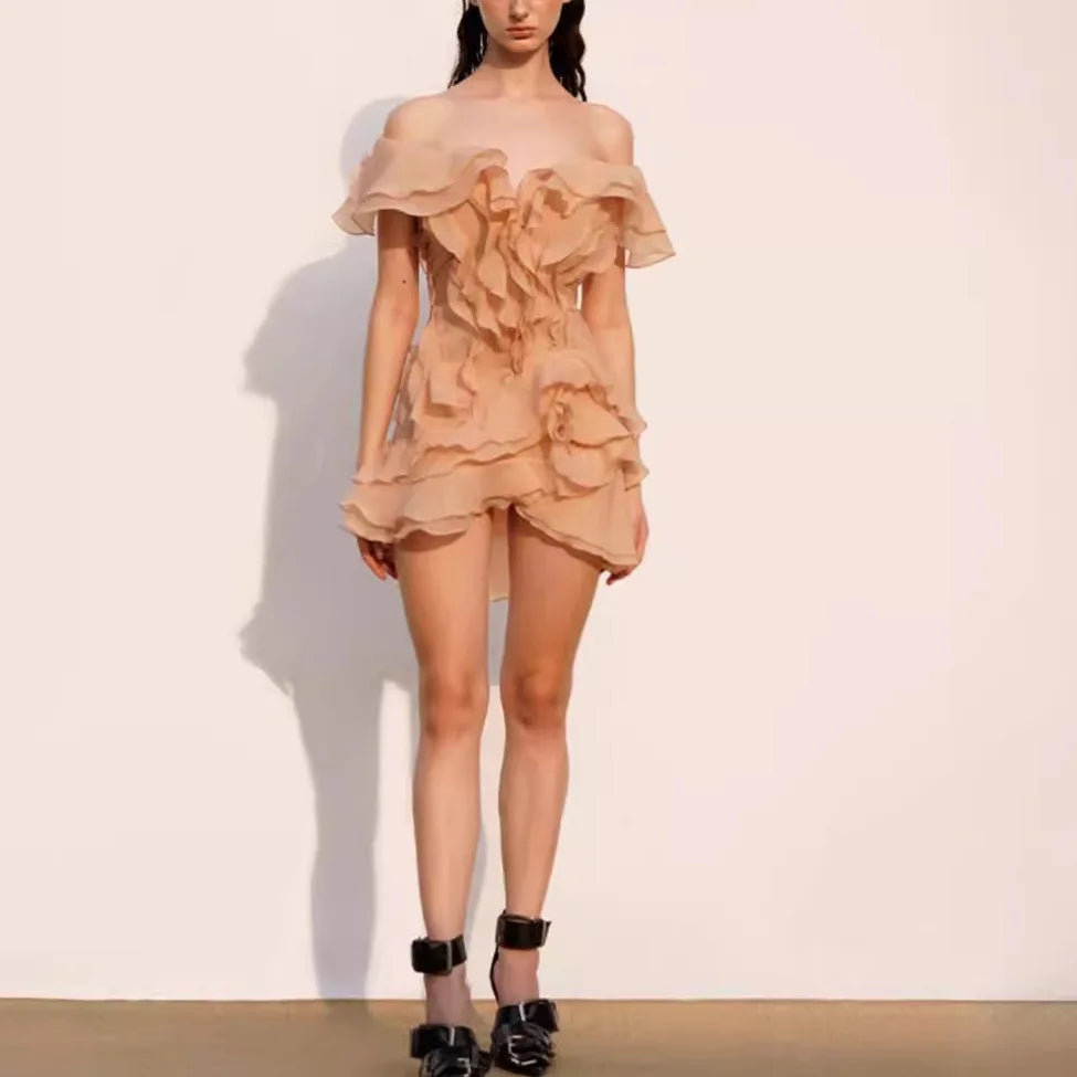TLIT Elegant Women's Dress Flounce Irregular Gauze Mini Slash Neck Solid Color Evening Party Dresses 2025 Spring New SK1423