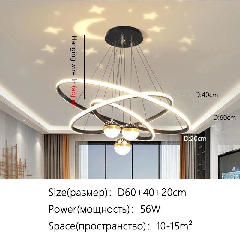Triple Ring LED Pendant Light – Black/Gold, 60-40-20cm, 3-Color