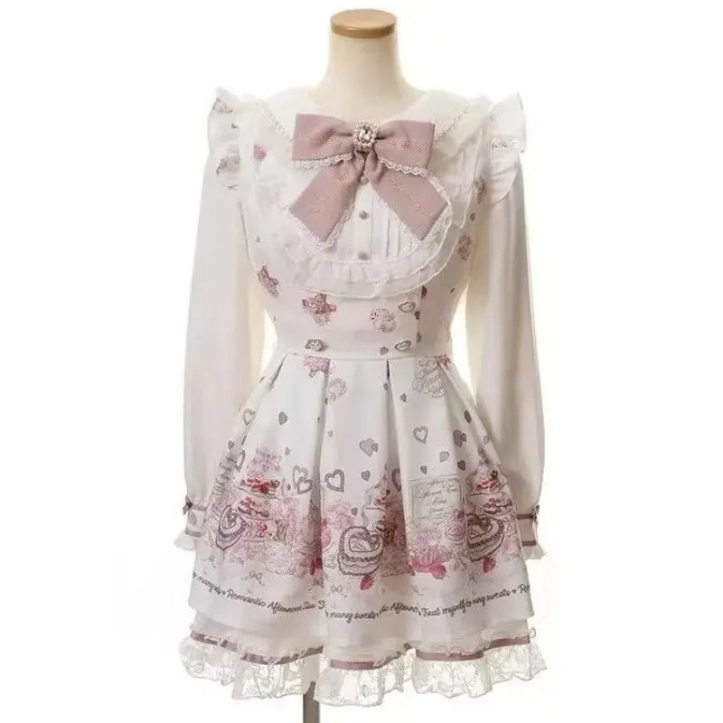 Japanese Gothic Lolita Dress Set Women Harajuku Y2k Bow Lace Ruffles Collar Mini Dresses Female Elegant Party Cute Dress