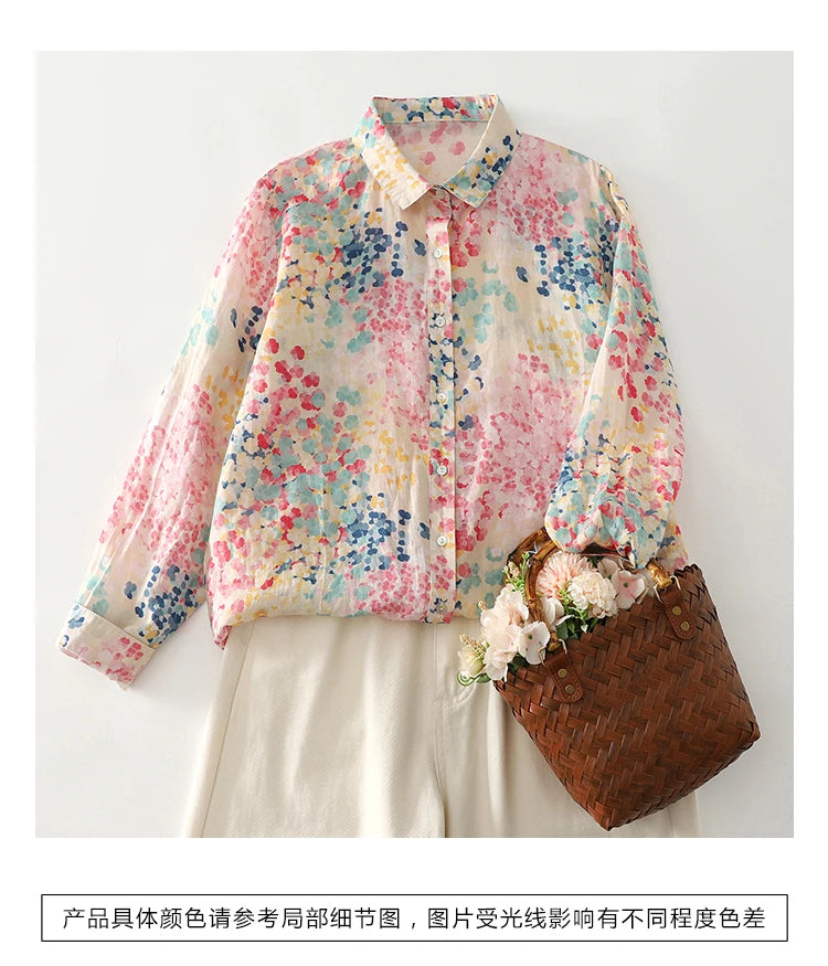 PRINTED LOOSE BLOUSE - Polo Neck, Full Sleeve, 15 Colors - Soft Season