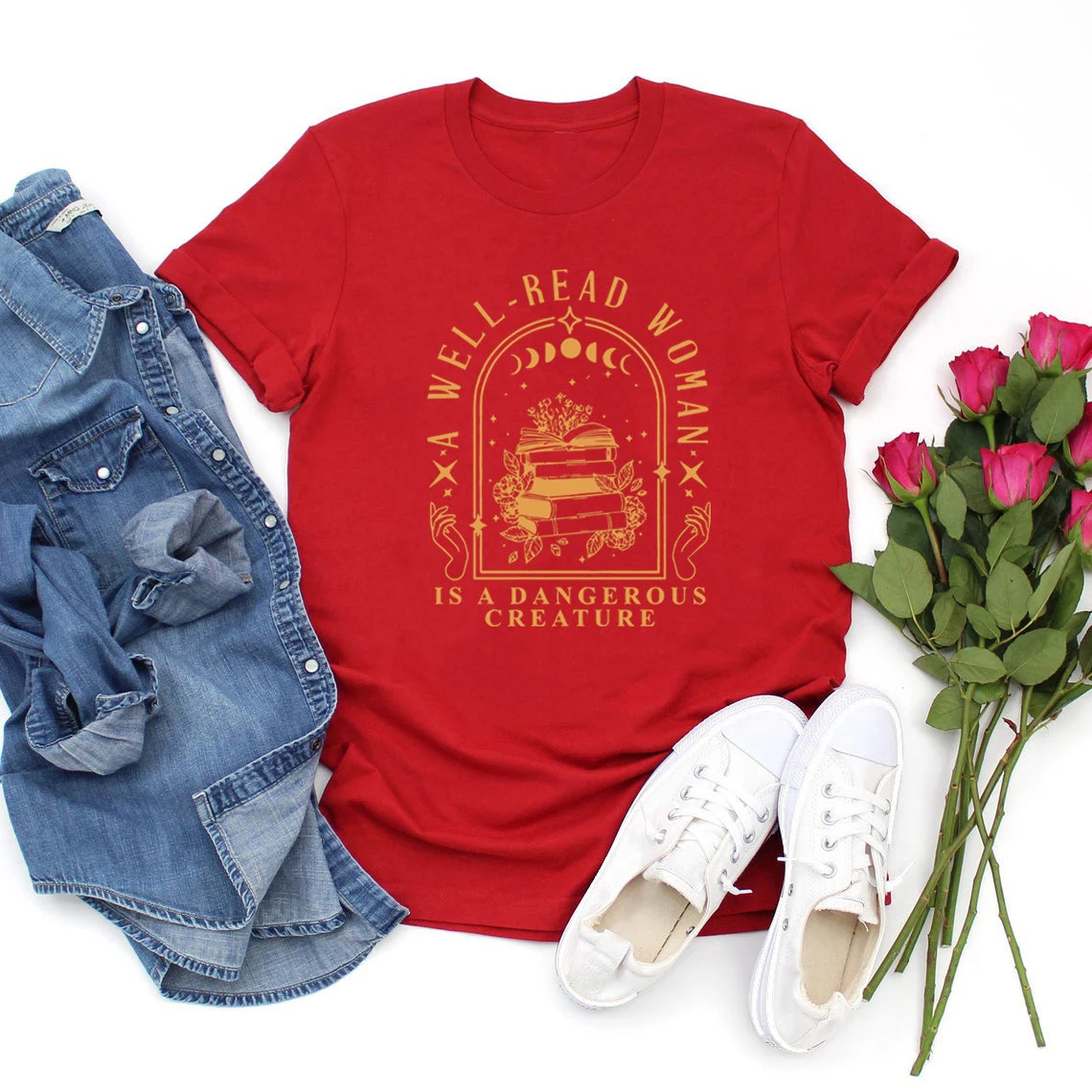 A Well Read Woman Is A Dangerous Creature T Shirts Bookish Merch T-Shirt Women Tshirts Vintage Graphic Tees Book Lovers Gifts