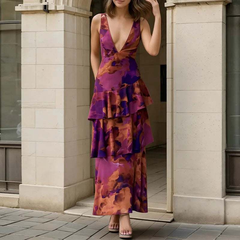 2026 Spring new women's clothing Cross-border European and American dresses Elegant plant-printed suspender cake dress