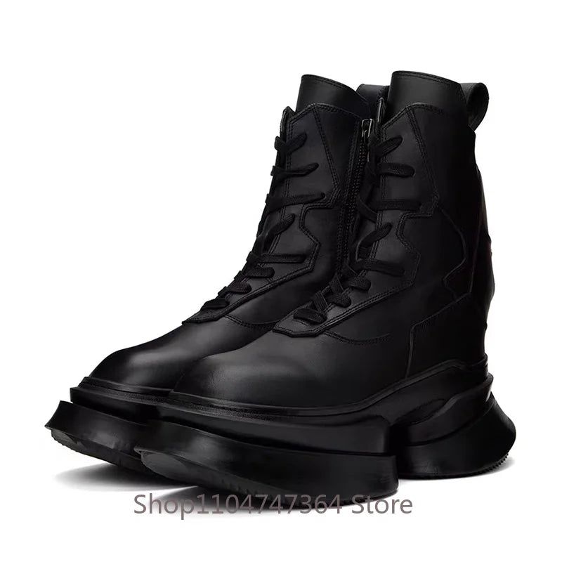 Street Fashion Motorcycle Ankle Boots - Genuine Leather Thick Sole High Heel Lace-Up