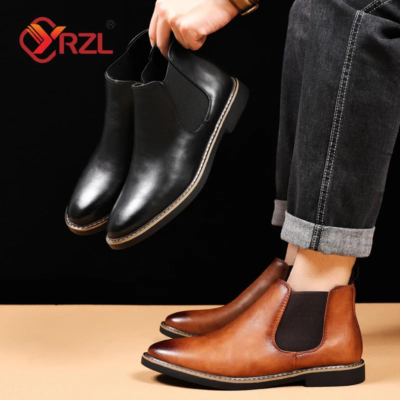 Men's PU Leather Chelsea Boots - Retro Pointed Toe Slip-On Waterproof Ankle Boots