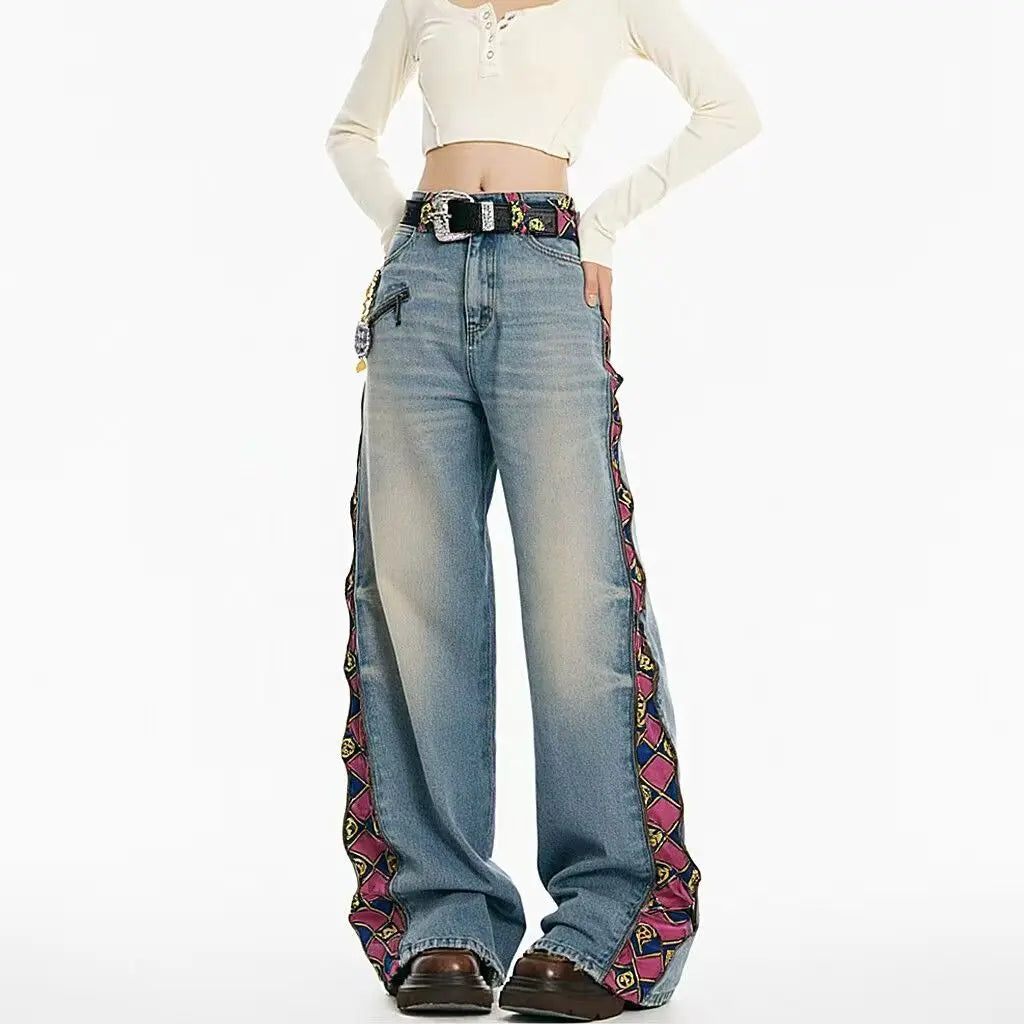 Retro Plaid Patchwork Straight Jeans - High Waist Baggy Vintage