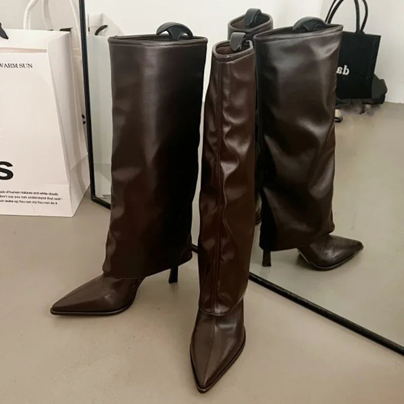 Pleated Knee-High Boots – Thin Western Heel
