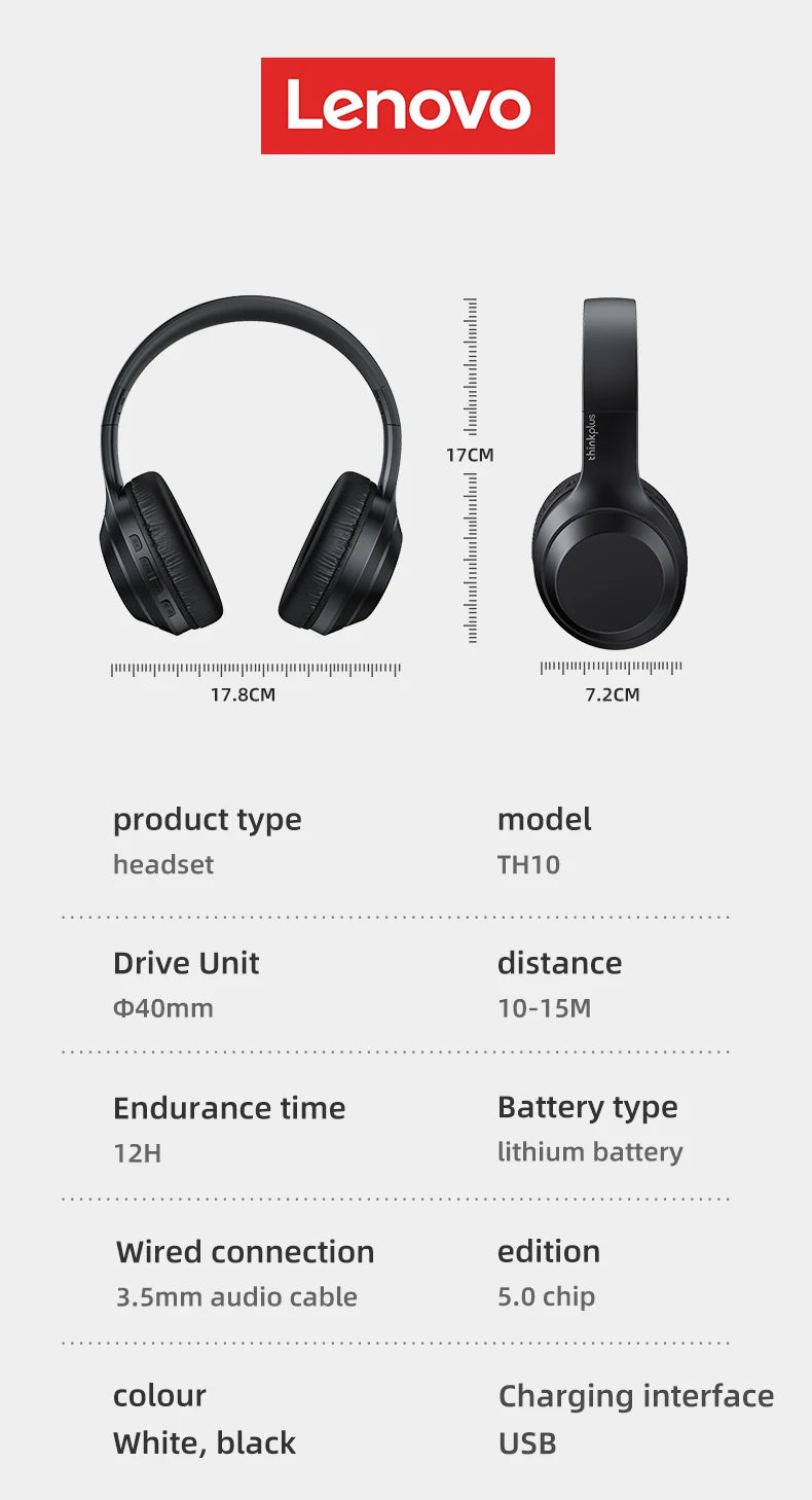 Lenovo TH10 Wireless Headphones Over-Ear Stereo Bluetooth Headset
