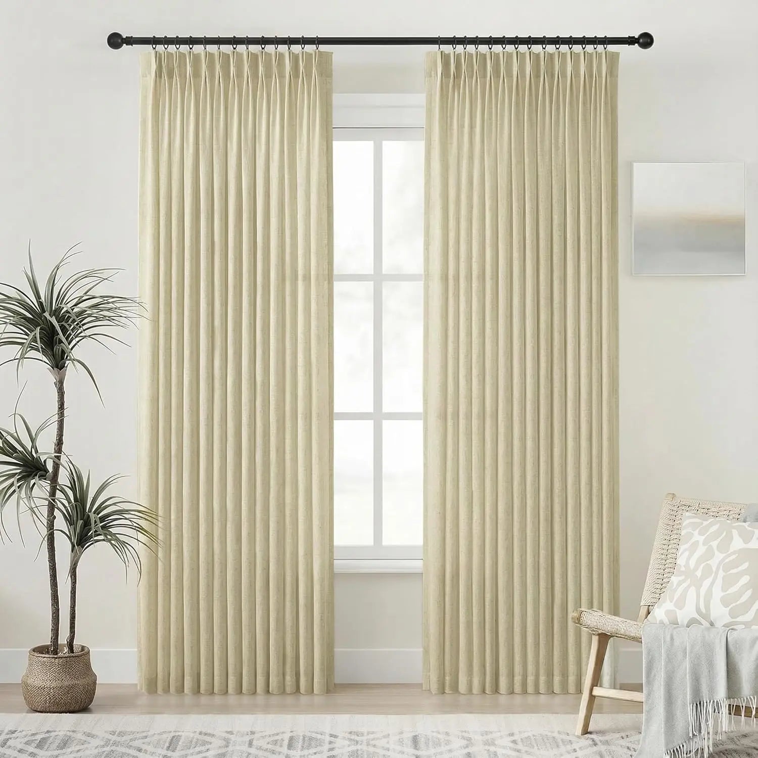 PINCH PLEAT LINEN CURTAINS - Heavy 280gsm Semi-Sheer Panel - Structured Drape, Quiet Rooms