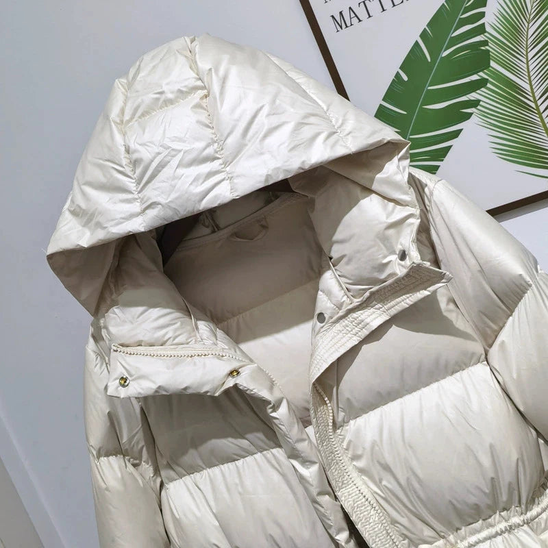 Belted Hooded Down Jacket - 90% Duck Down