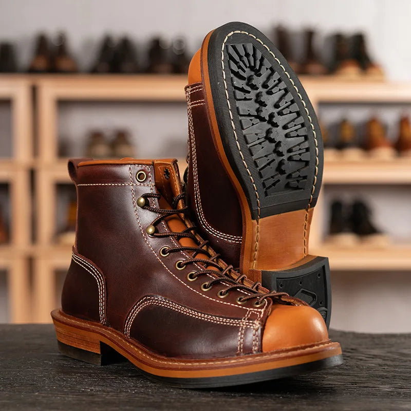 Men's Genuine Leather Motorcycle Boots - Handmade Goodyear Welted Round Toe Ankle Boots