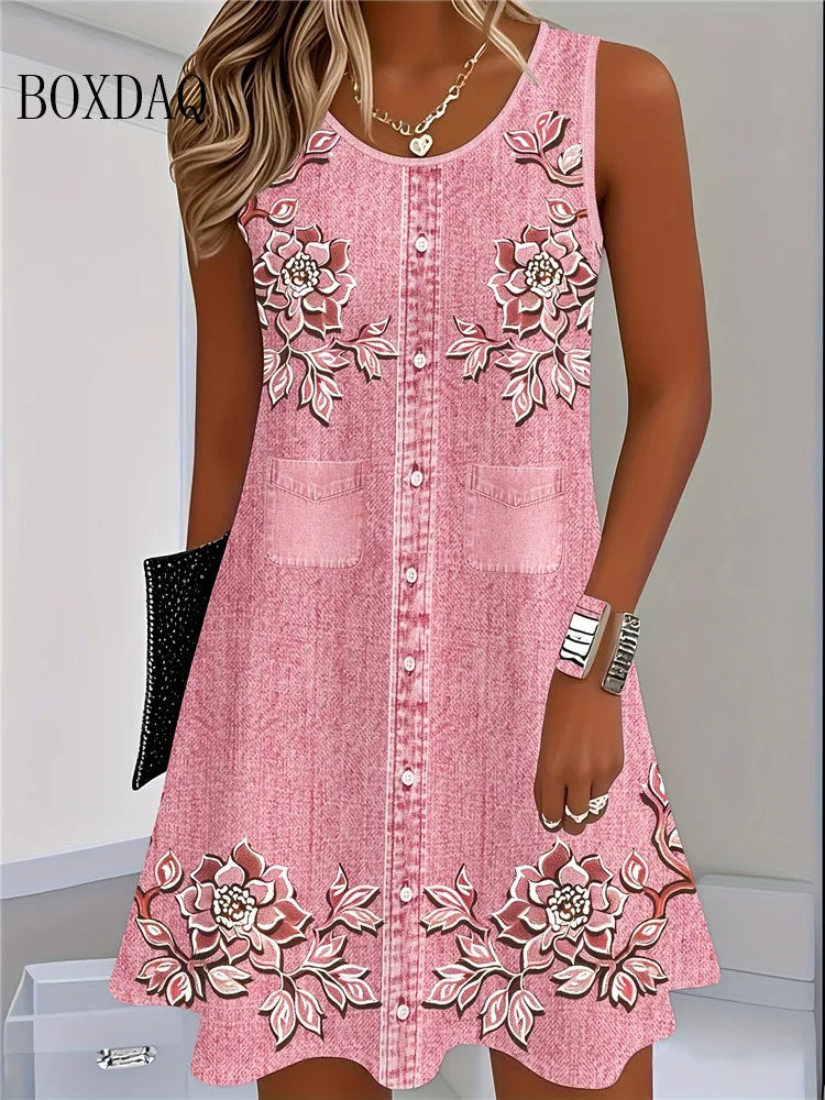 2025 Women Summer Sleeveless Bohemian Dress Fashion Imitate Cowboy Vest Flowers Print Dress Casual Tank Beach Dresses For Women