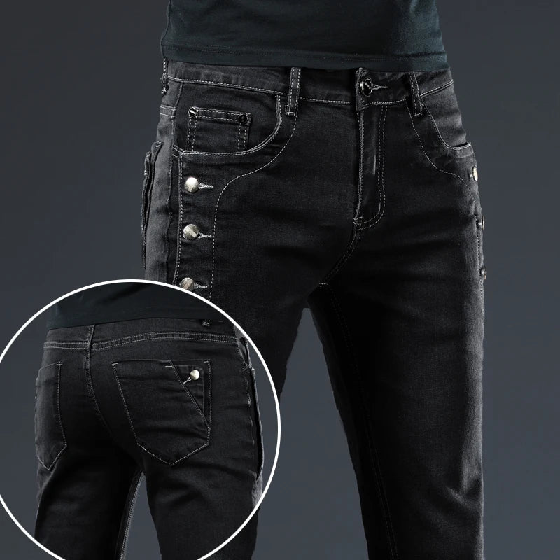 BUTTON SKINNY - Men's Slim Stretch Skinny Jeans Multi-Button - 2 Colors, W28–36