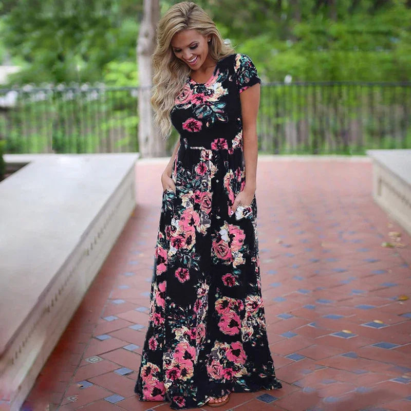Summer Maxi Dress Women 2025 Pink Floral Print Boho Beach Dress Ladies Evening Party Long Dress Sundress Vestidos De Festa 3XL