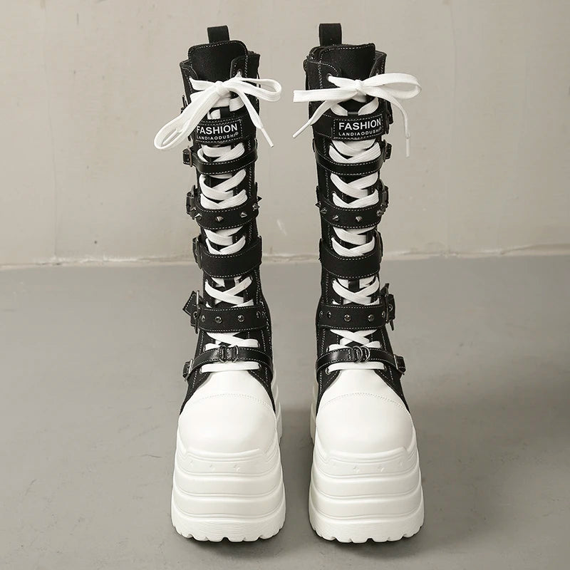 Lace-Up Pointed Toe Mid-Calf Boots – Square High Heel