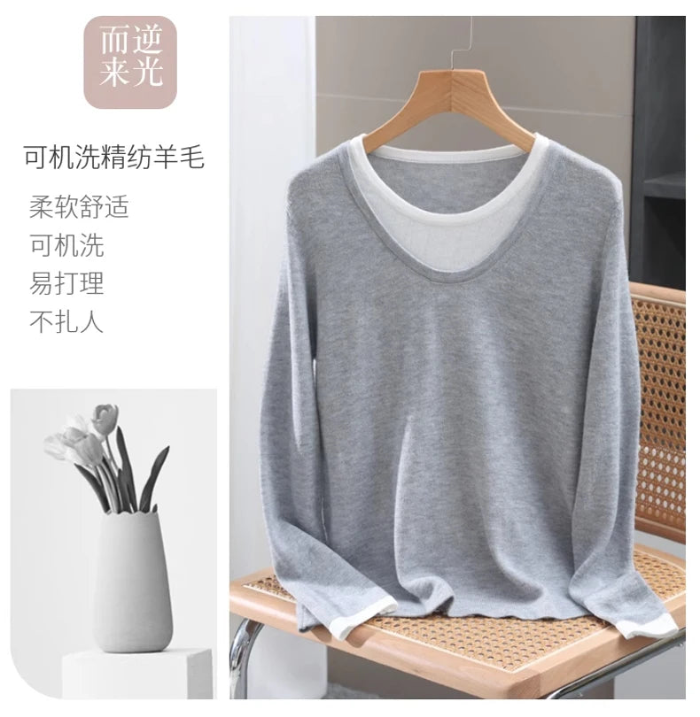 Casual Spring Autumn Women T-Shirts Merino Worsted Wool Female Knitted Pullover Long Sleeve Soft Clothing Tops Thin Outerwear