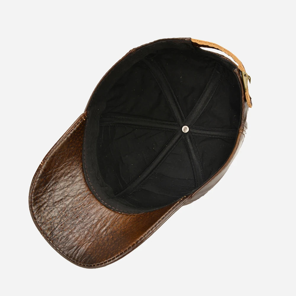 COWHIDE LEATHER BASEBALL CAP - Men's Genuine Leather Hat with Ear Protection Adjustable - Brown / Coffee