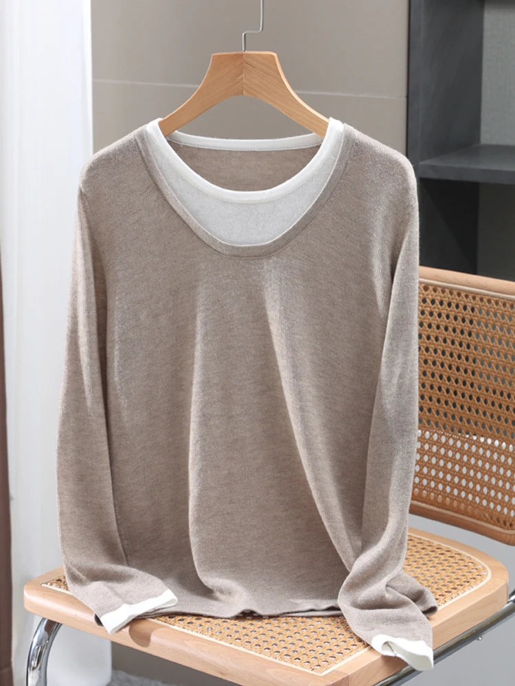 Casual Spring Autumn Women T-Shirts Merino Worsted Wool Female Knitted Pullover Long Sleeve Soft Clothing Tops Thin Outerwear