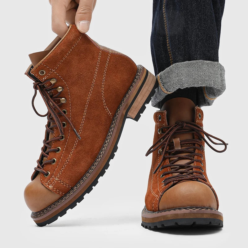 Men's Vintage High-Top Ankle Boots - British Style Split Leather Lace-Up Work Boots