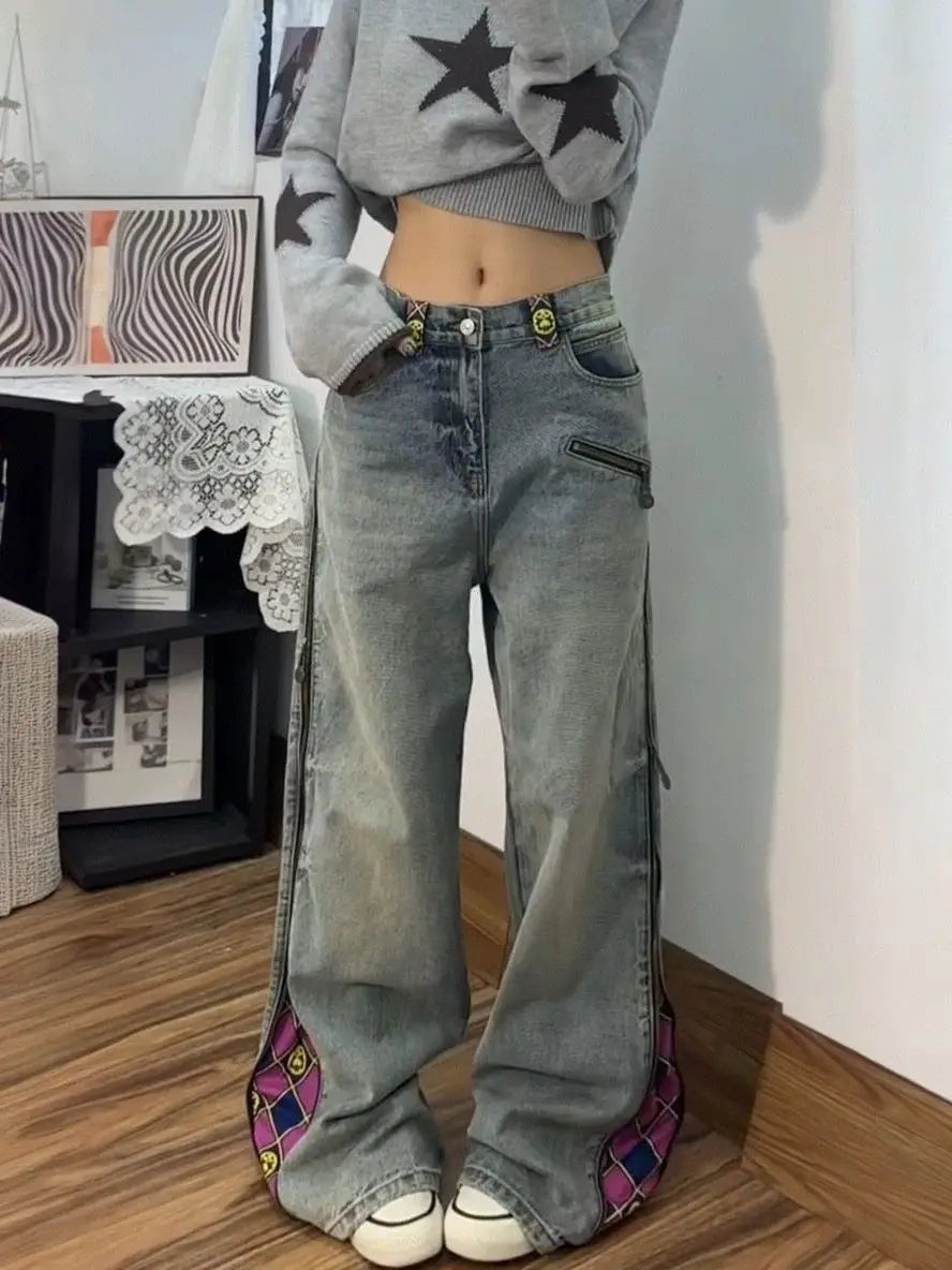 Retro Plaid Patchwork Straight Jeans - High Waist Baggy Vintage