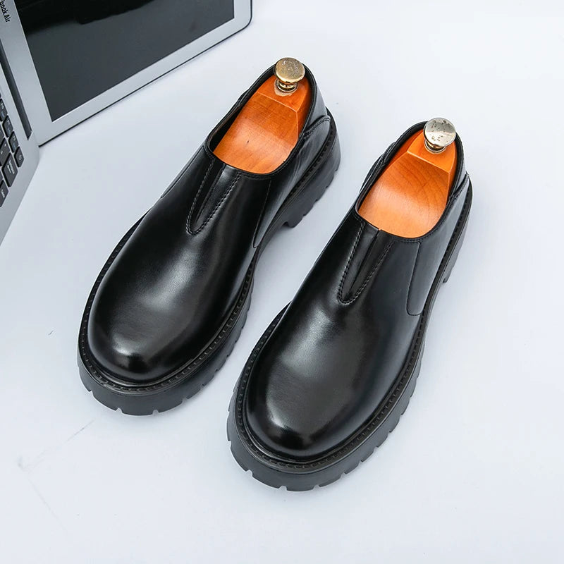 Men's Cowhide Loafers - Thick Sole Round Toe Breathable Casual Leather Shoes