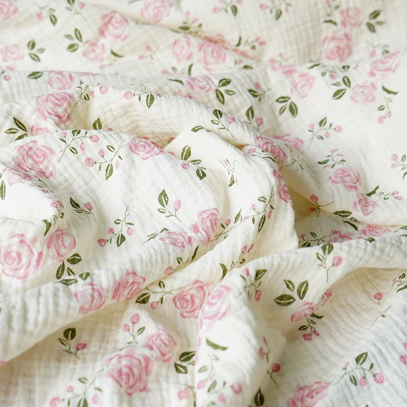 135x50CM Pink Rose Flower Printed Pure Cotton Double-layer Crepe Fabric For Kids Clothes, Household Cloth DIY Fabric YHTJ0137