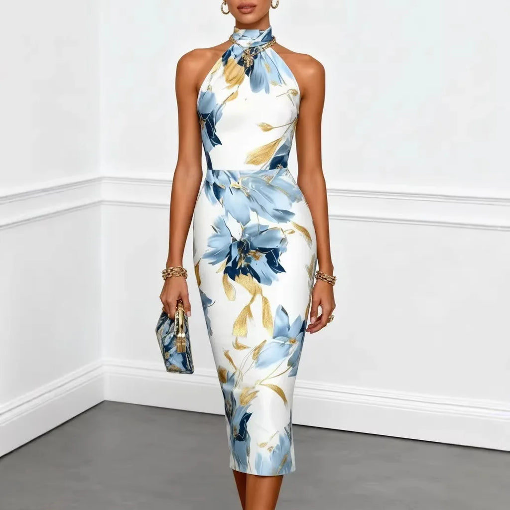 2026 Women's Sexy Slim Fit Hip-covering Floral Printed Halter Dress
