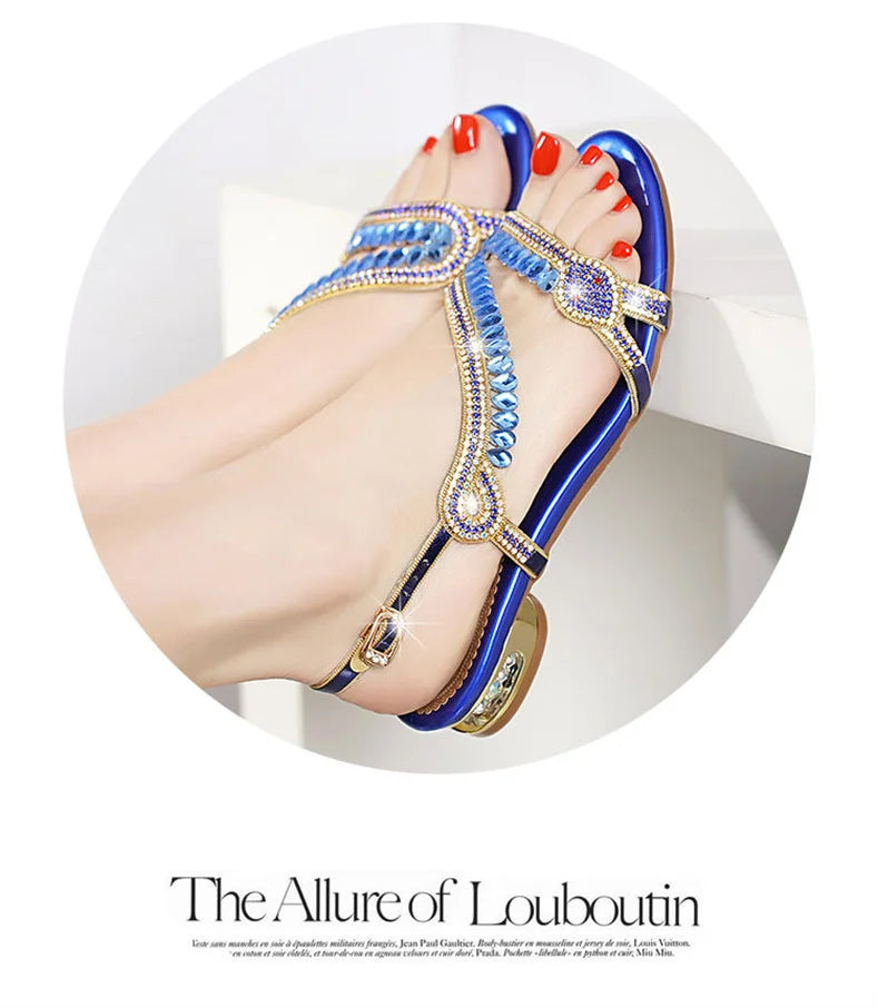 High-grade Rhinestones Fashion New Women's Summer Young Elegant Sandals Thick Heel Leisure Flat Bottomed Beach Sandals